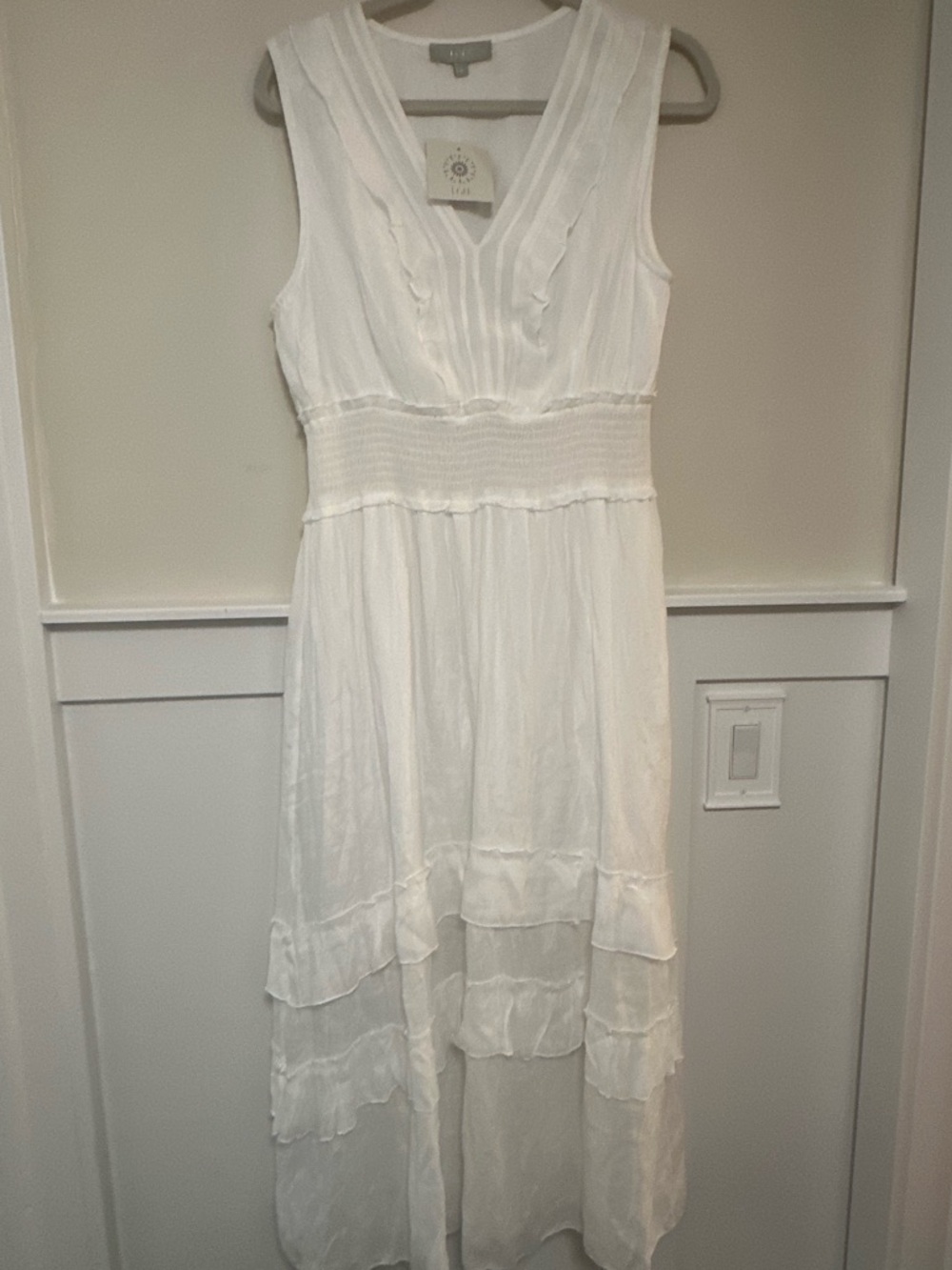 Sleeveless White Maxi Ruffle Accent Dress with Smocked Waist